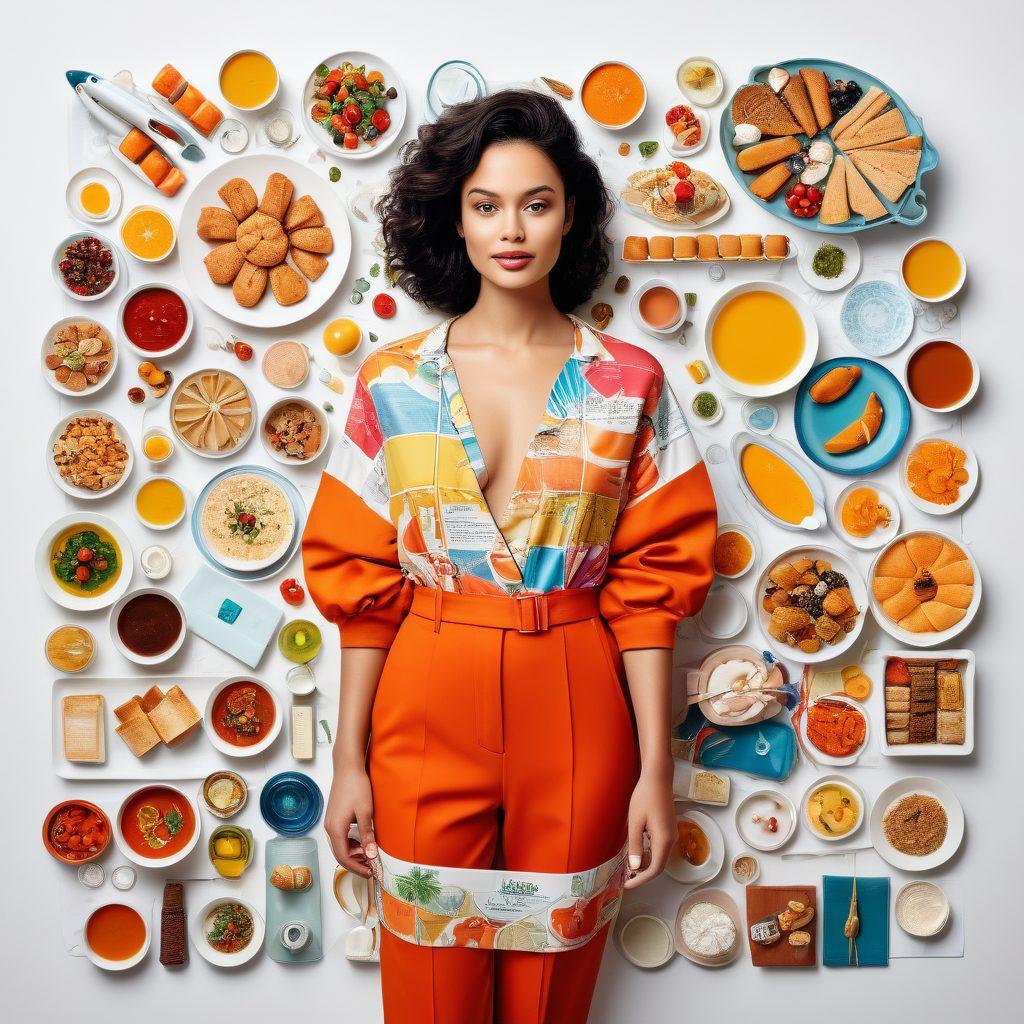 A vibrant collage depicting a travel-themed lifestyle journey: a stylish figure wearing contemporary fashion, surrounded by delicious food plates from various cuisines, and an array of self-care products like skincare and wellness items. The background features a world map subtly blending with travel icons like airplanes and suitcases, creating a sense of adventure. Bright colors with a trendy aesthetic. super-realistic. vibrant colors. white background.