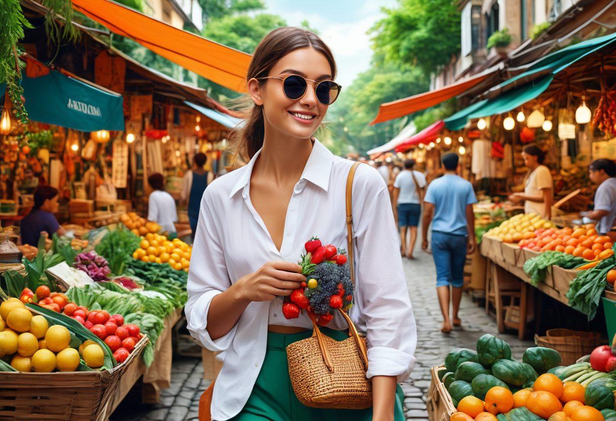 A lively collage capturing the essence of adventure; a trendy person in a fashionable outfit strolling through a colorful street market filled with delicious food and vibrant wellness stalls, with lush greenery surrounding the scene. Bright, cheerful colors reflecting a sense of joy and exploration. super-realistic. vibrant colors. 3D.